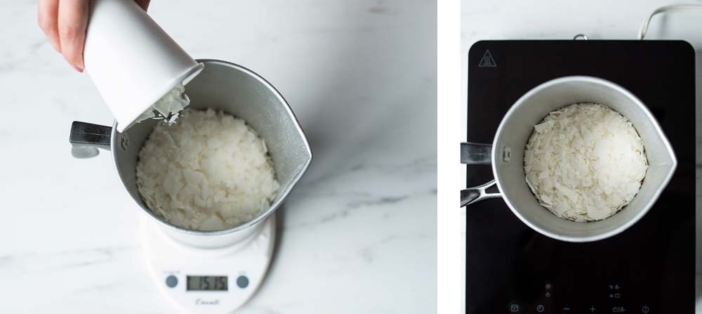 Pouring soy wax flakes into a pouring pitcher.