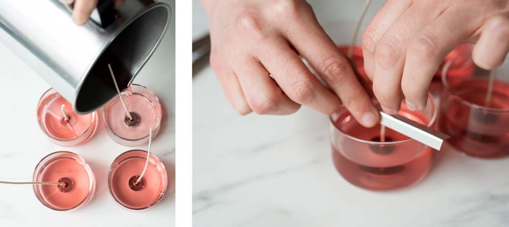 How to Make Ice Cream Scoop Candles Pouring melted soy wax into mini tumblers and setting wicks with a wick bar