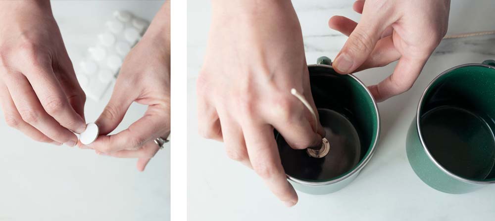 How to Make Enamel Mug Candles Placing wick stickers onto a wick and placing the wick into an enamel mug for candle making.
