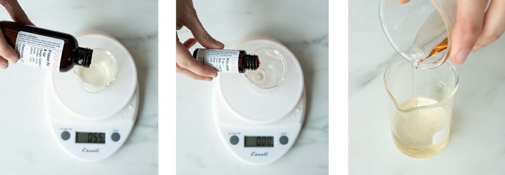 Pouring and weighing fragrance oil for candle making.