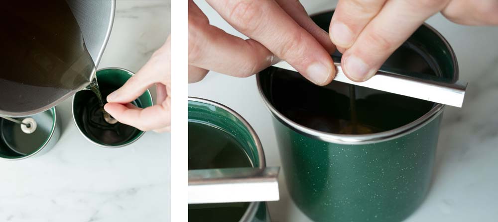How to Make Enamel Mug Candles Pouring melted soy wax into prepared enamel mugs for candle making.