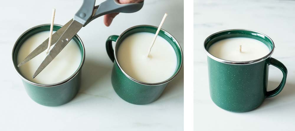 How to Make Enamel Mug Candles Trimming candle wick with scissors.