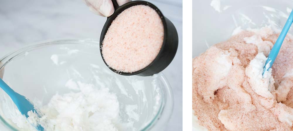 Adding Himalayan pink salt to whipped bath soap.