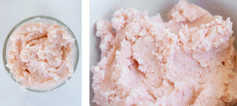 How to Make Himalayan Pink Salt Scrub Close up of DIY Himalayan pink salt scrub.