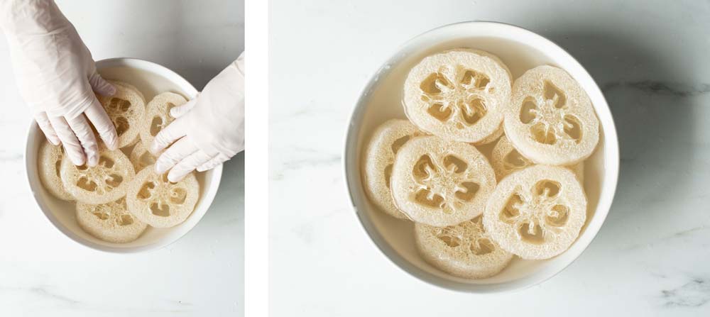 DIY loofah melt and pour soap step 1 Loofah placed in bowl of water
