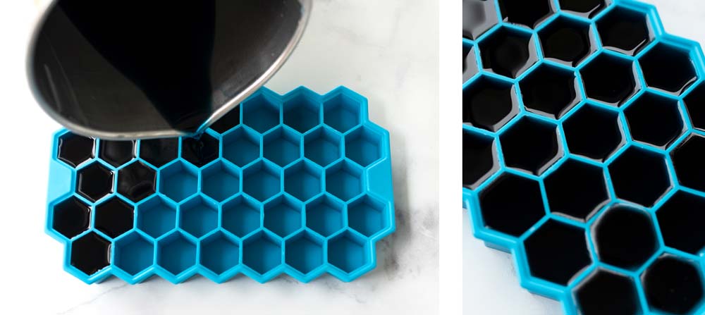 How to Make Soy Wax Melts Pouring dyed soy wax into a silicone hexagon mold.