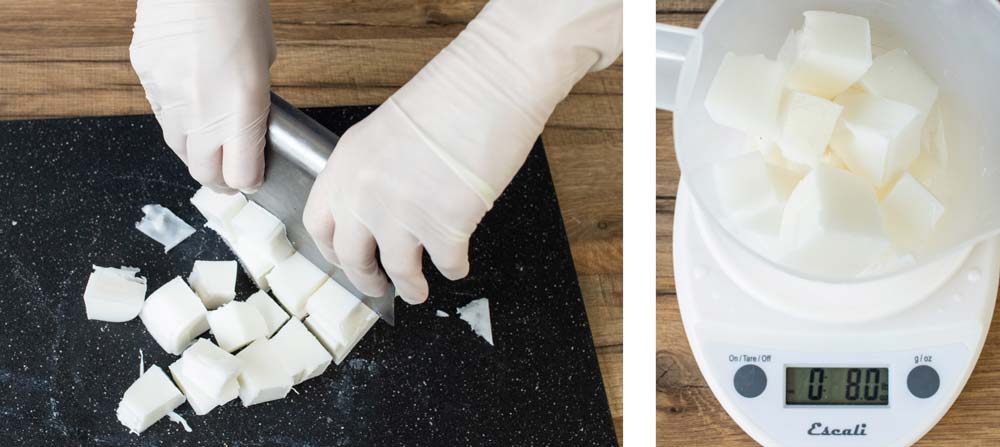 How to make honeycomb facial soap with melt and pour soap base Cutting melt and pour soap base into cubes and weighing on a digital scale