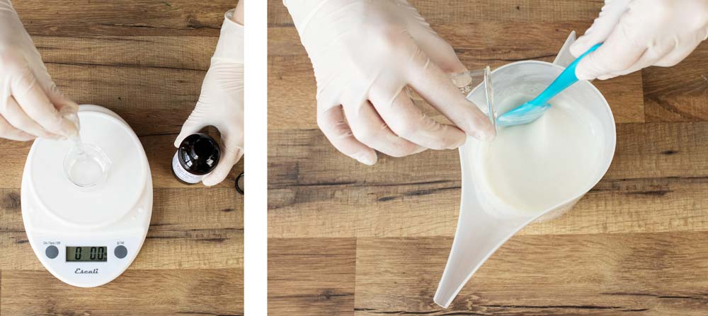 Weighing and pouring fragrance oil into melted soap base