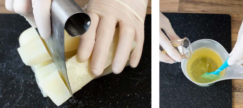 Cutting soap base into cubes and adding fragrance oil into melted soap