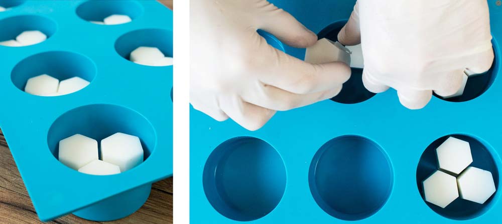 How to make honeycomb facial soap with melt and pour soap base Putting hexagon soap embeds into round silicone soap molds