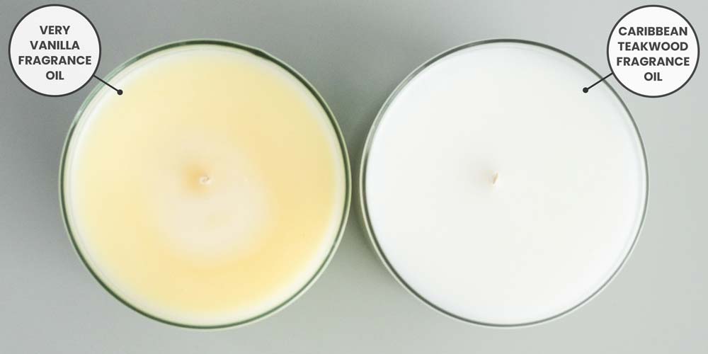 IGI-6046 lab notes vanilla fragrance One candle is labelled "very vanilla fragrance oil" the other is labelled "caribbean teakwood fragrance oil" is written on the other one.