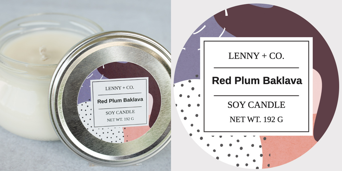 Red Plum Baklava fragrance oil candle and label.