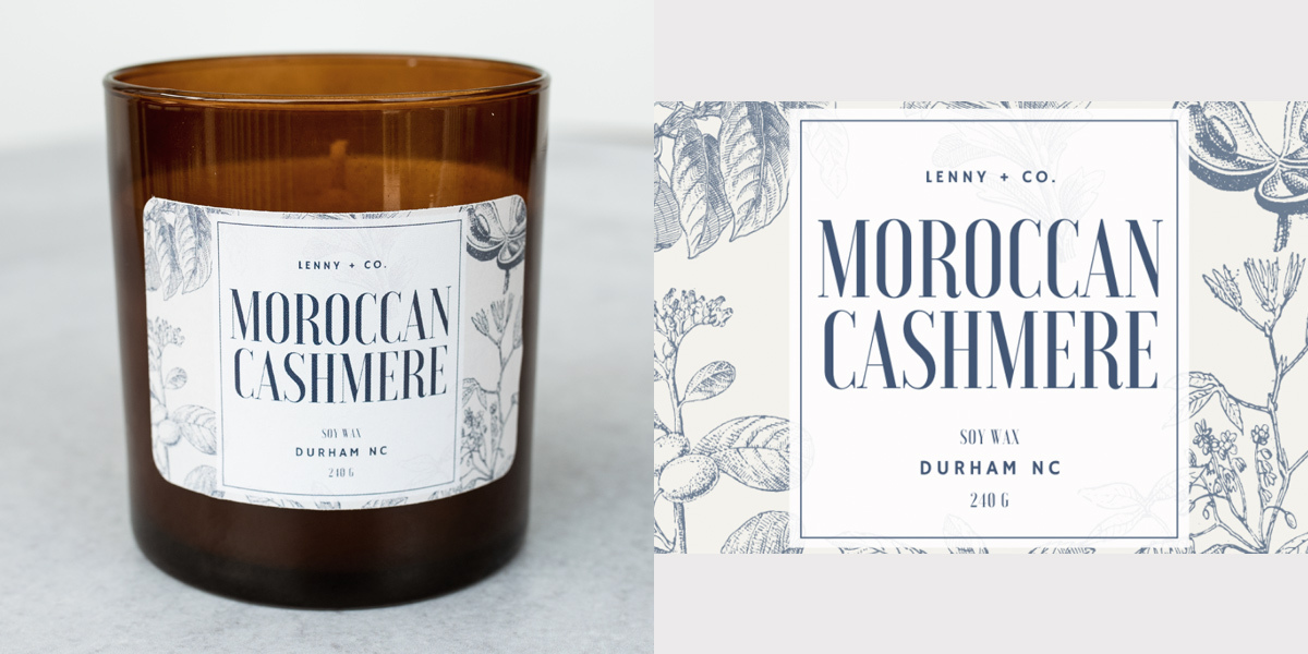 Moroccan Cashmere fragrance oil candle and label.