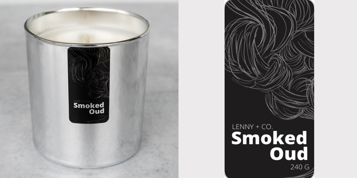 Smoked Oud fragrance oil candle and label.