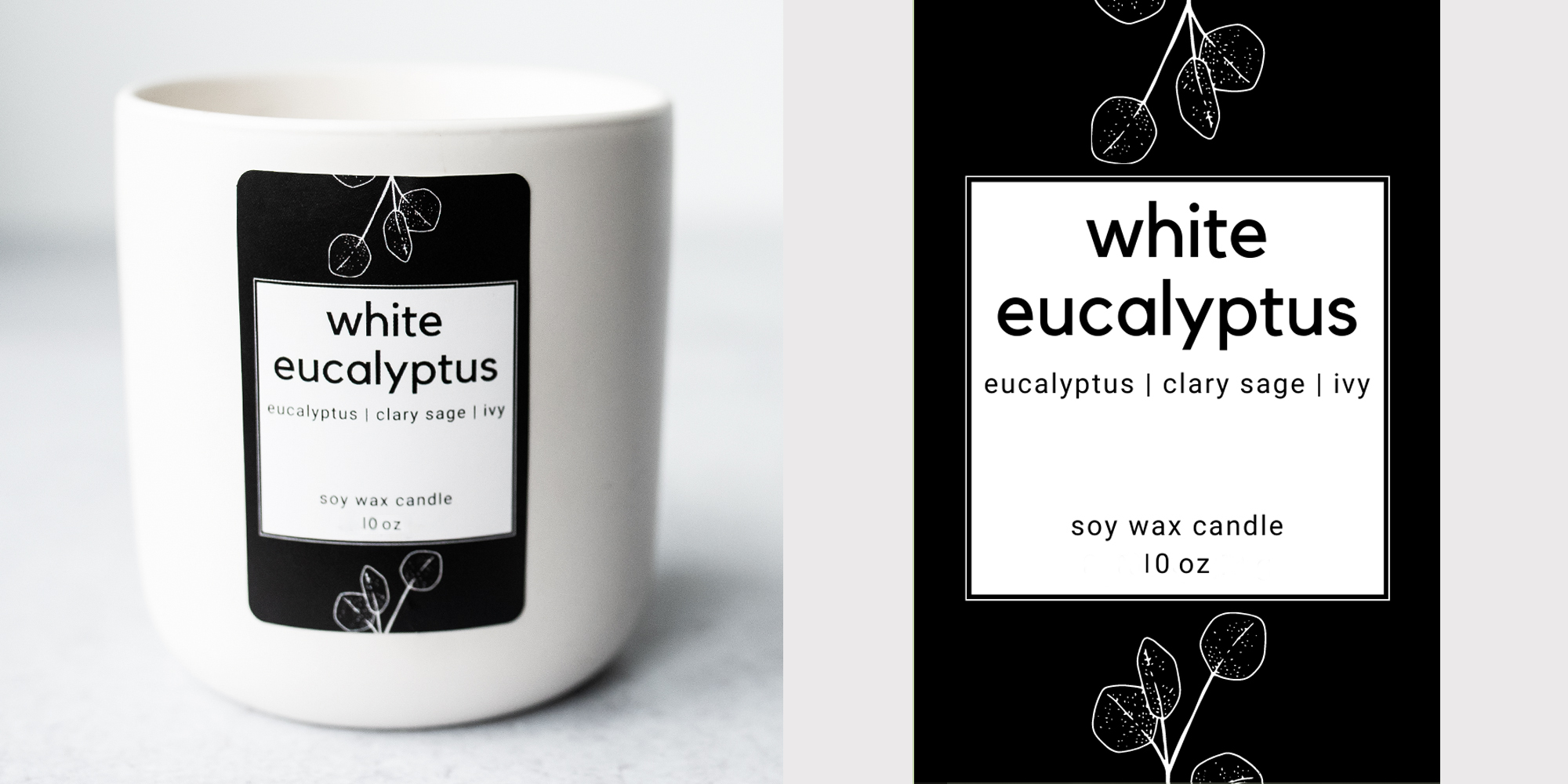 White eucalyptus fragrance oil candle and label.