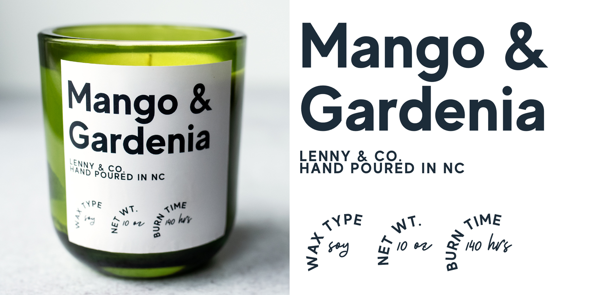 Mango and Gardenia fragrance oil candle and label.