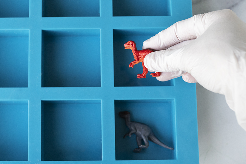 Placing toy dinosaurs into a soap mold.