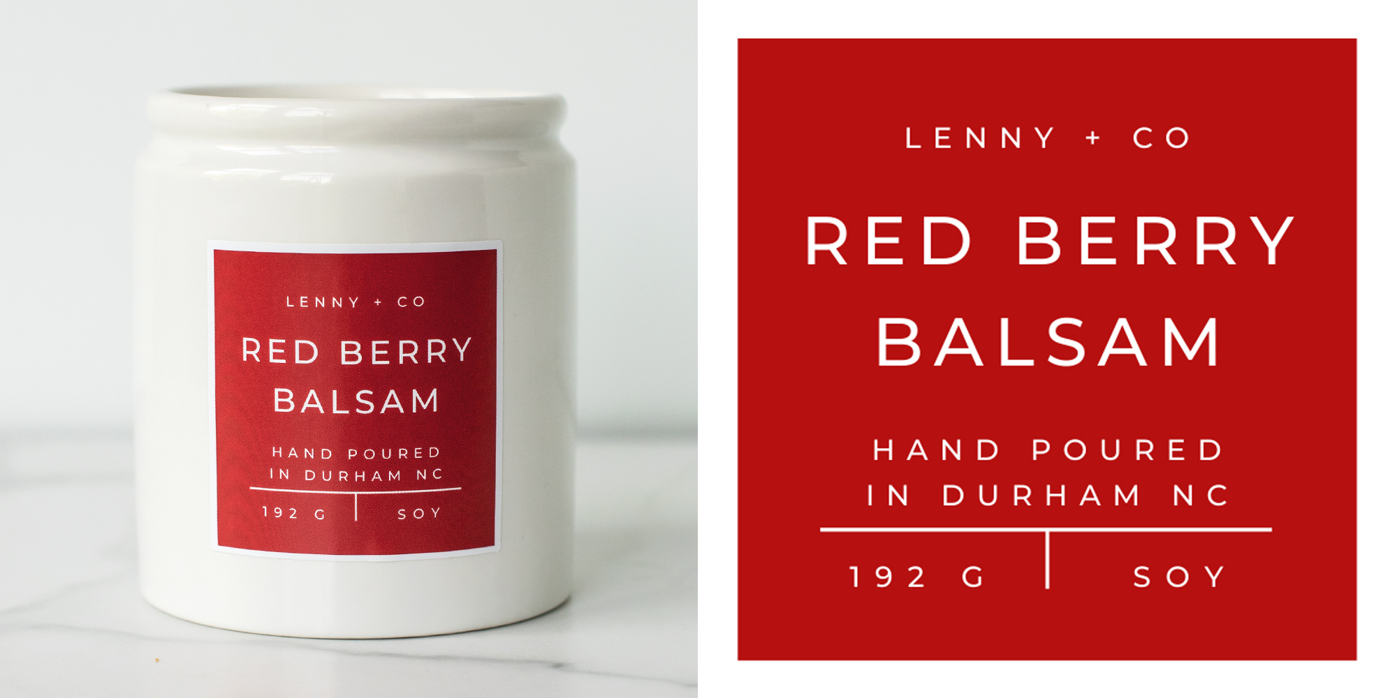 Red Berry Balsam fragrance oil candle and label.