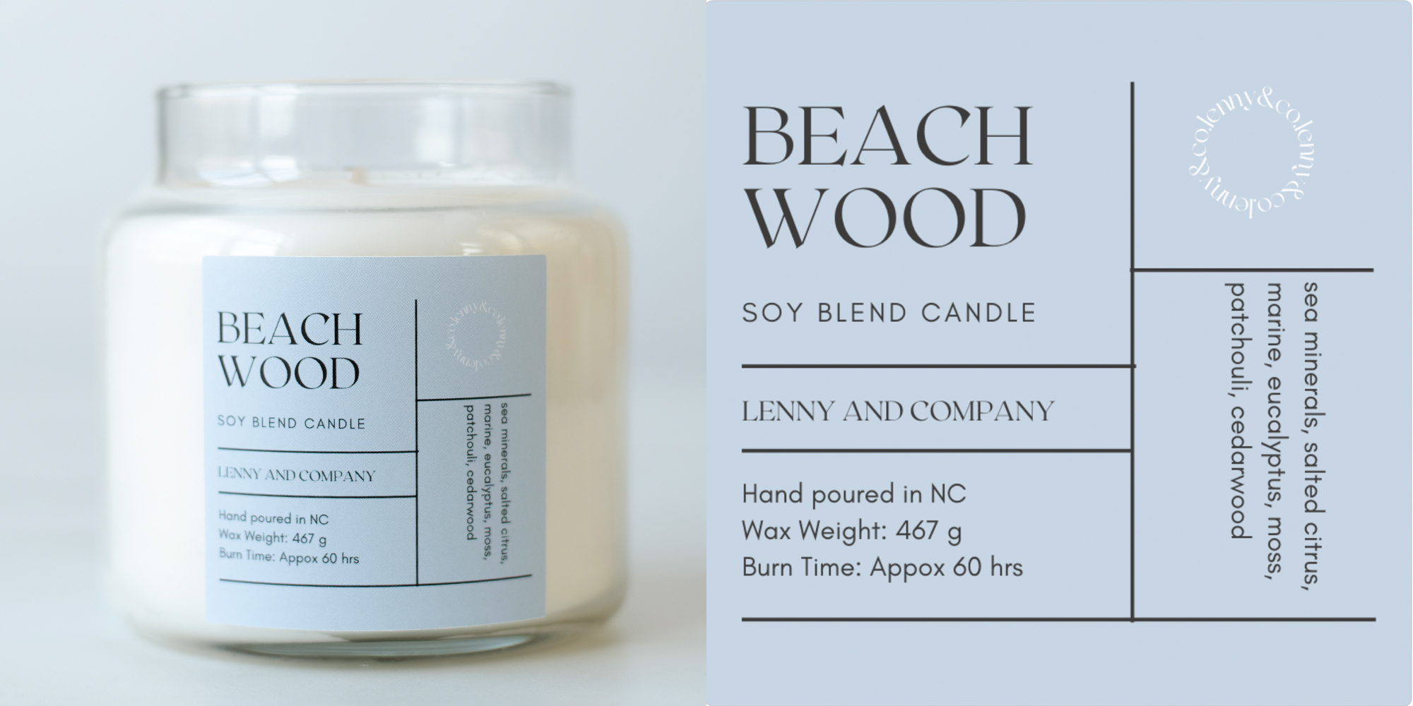 Beachwood fragrance oil candle and label.