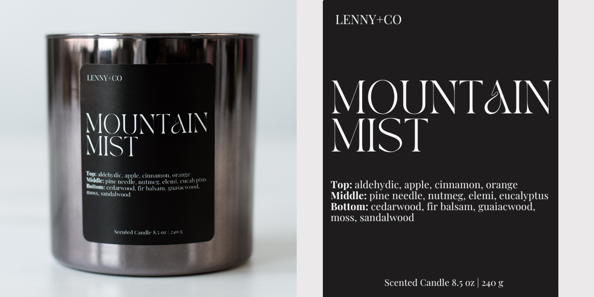 Mountain Mist fragrance oil candle and label.