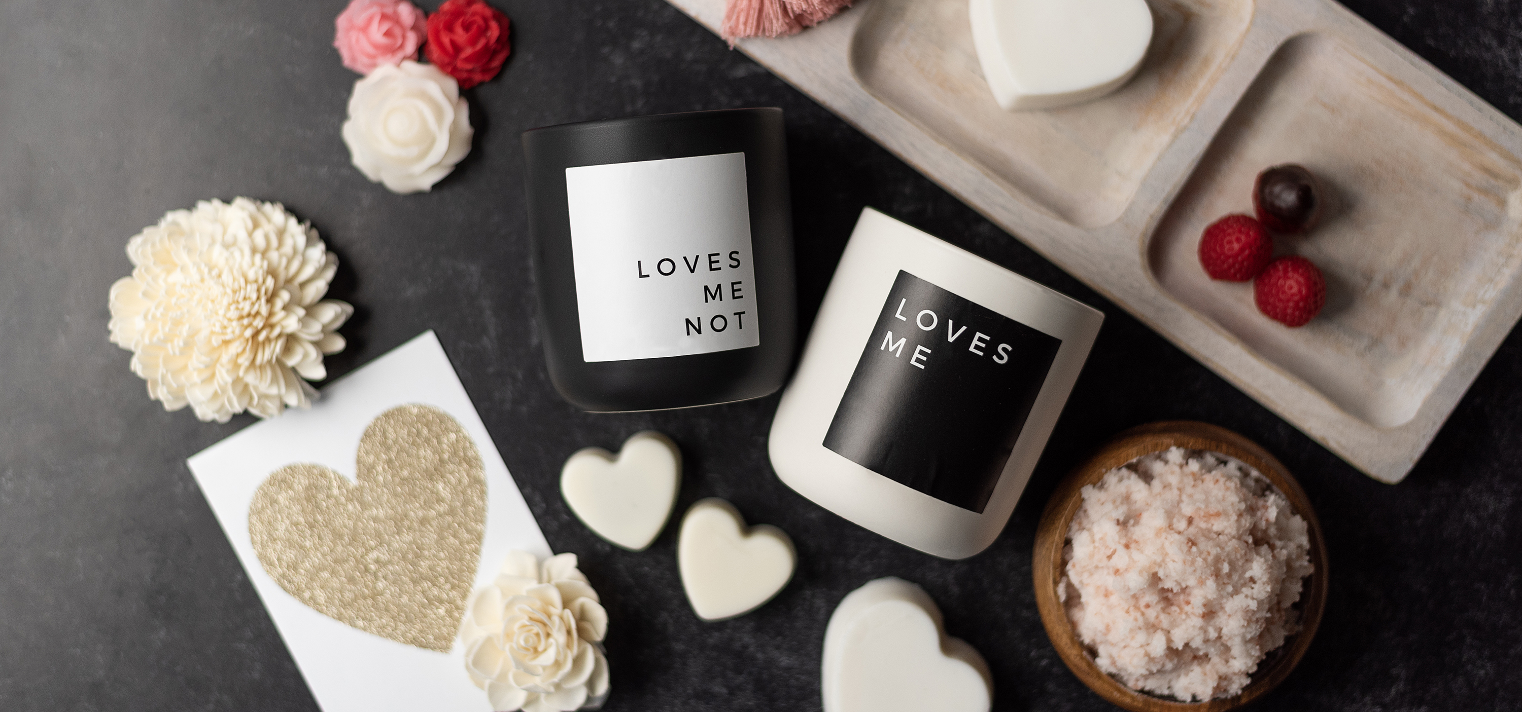 Valentine's Day inspired candles, melts, and salt scrub.