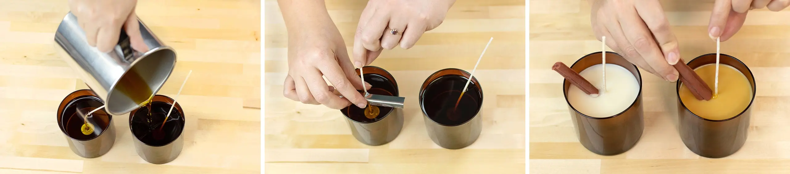 Pouring wax into amber straight sided tumbler.