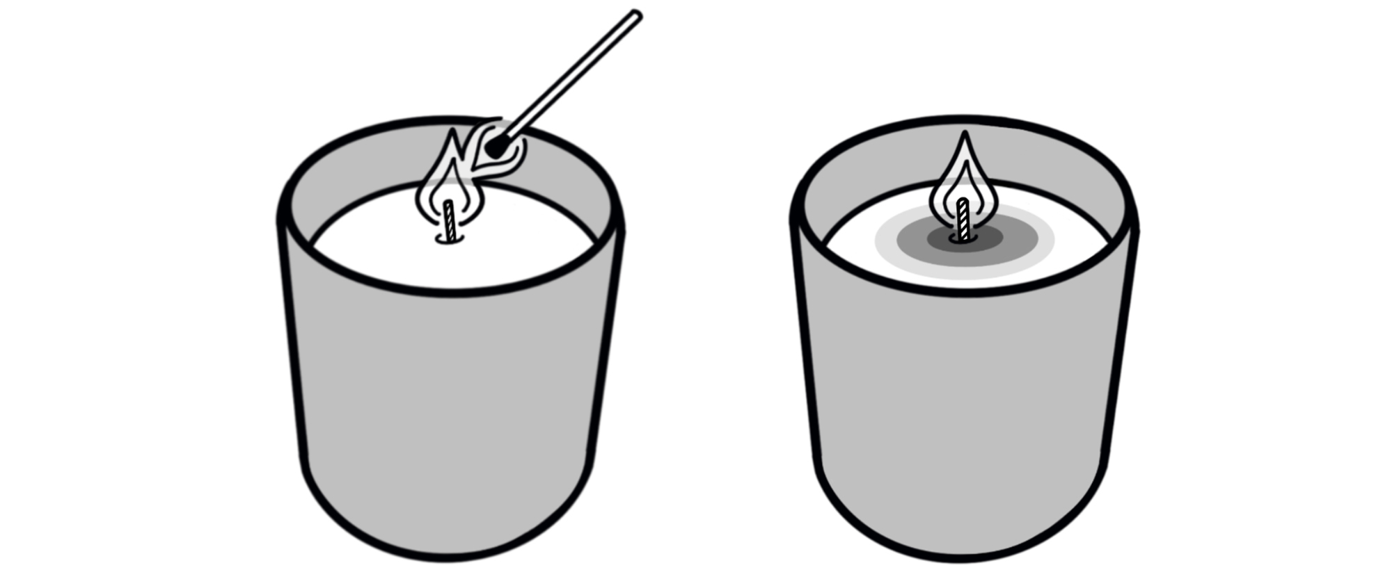 Hand-drawn digital illustrations of a candle in a jar being lit with a match and burning