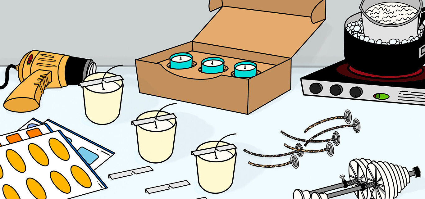 A line illustration featuring candle making tools and supplies including labels, wick bars, wicks, pouring pitcher, Flush Packaging shipping box, heat gun, and wick setting tool