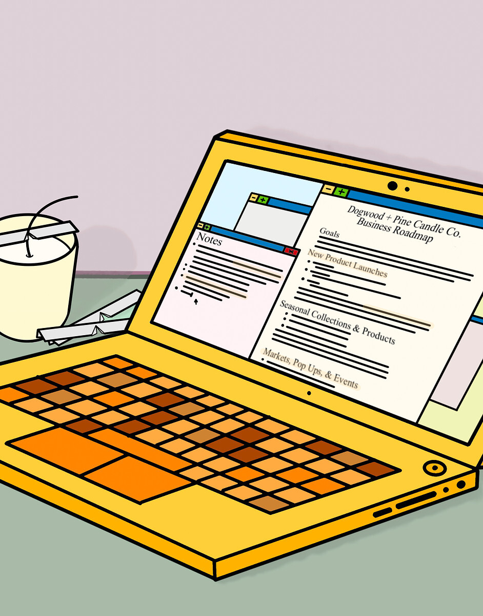 A line illustration of a laptop screen with a the Dogwood + Pine Candle Co Business Roadmap displayed on the screen; the roadmap's headings include: Goals; New Product Launches; Seasonal Collections and Products; and Markets, Pop Ups & Events