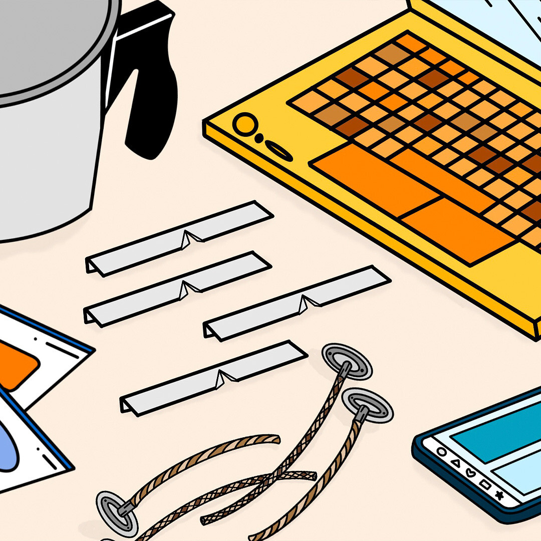 A line illustration featuring candle making tools and supplies including labels, wick bars, wicks, pouring pitcher, Flush Packaging shipping box, laptop and cell phone
