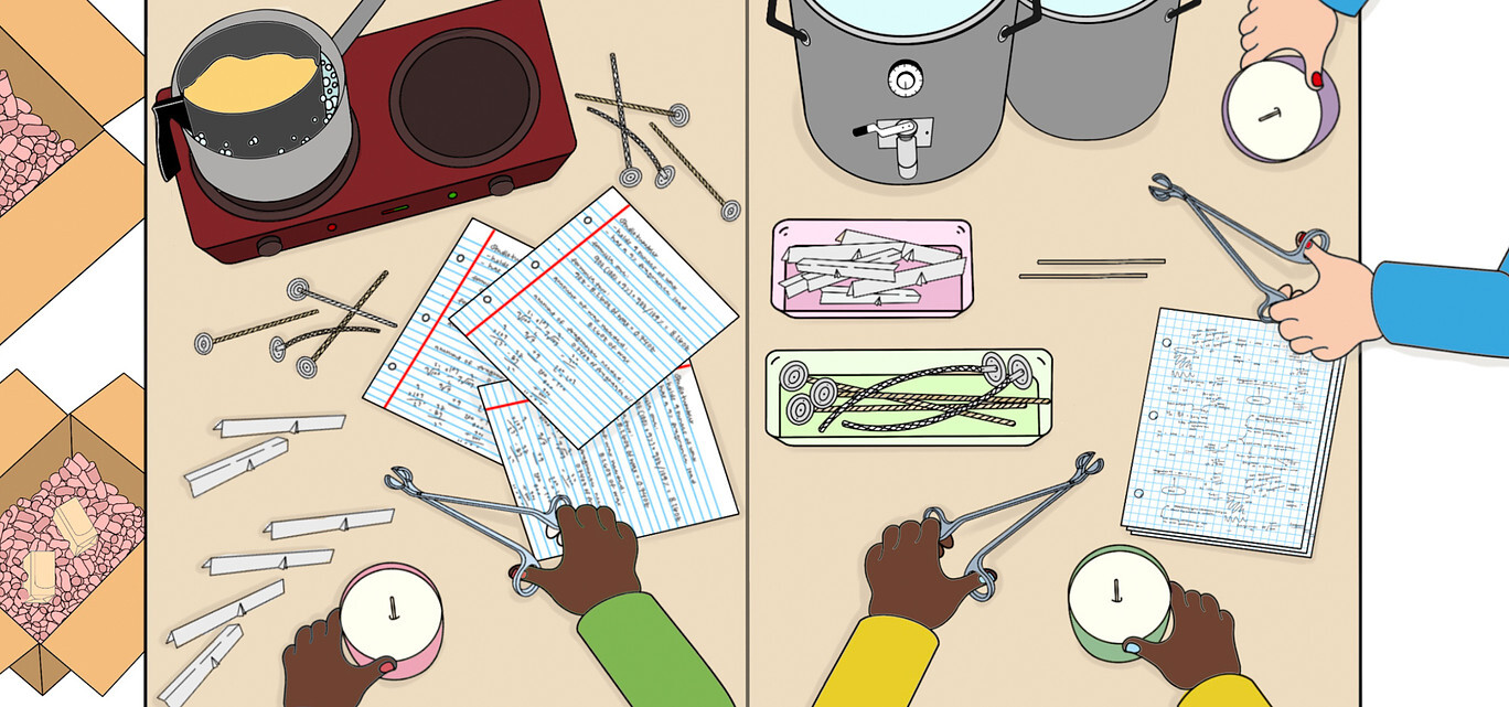 A split-screen, hand-drawn, color illustration of a candle maker's work surface. The left side shows a disorganized version of the space with strewn papers and wicks next to a hot plate with wax melting in a double boiler. The right side shows a neat version of the same space with a large wax melter and supplies neatly kept in bins.