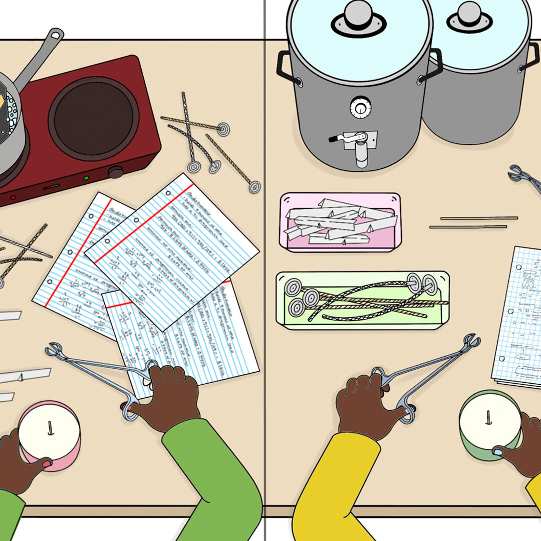 An illustration of a candle maker's work surface showing the transition from beginner maker to business owner