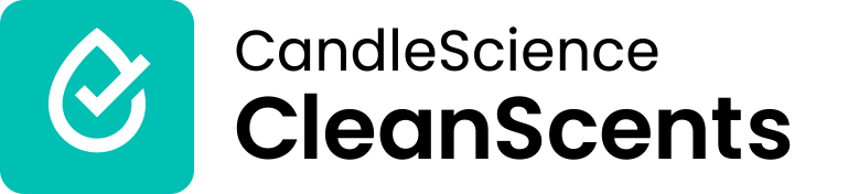 The words CandleScience CleanScents with a teal logo that contains a teardrop with a checkmark in it. 