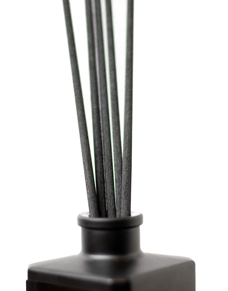 A close-up view of black reed diffuser sticks in a matte black reed diffuser bottle.