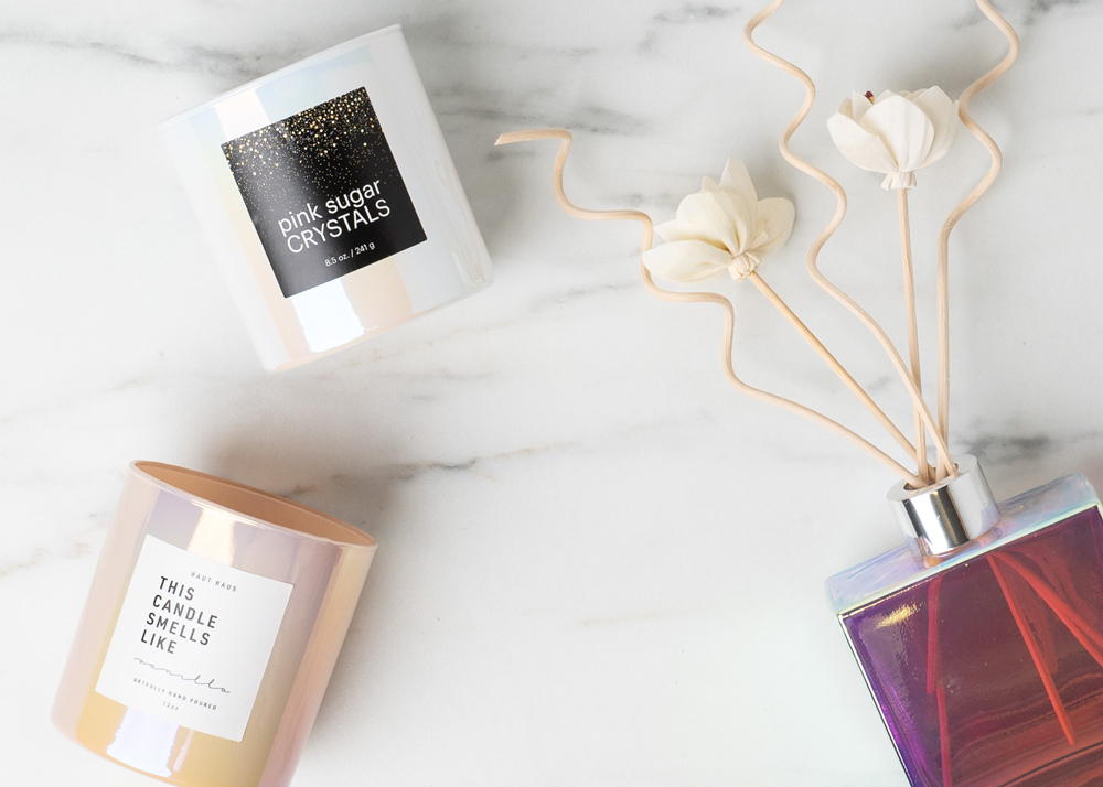 White Iridescent Tumbler, Square Prism Reed Diffuser Bottle, Blush Iridescent Tumbler Jar on a white marble table