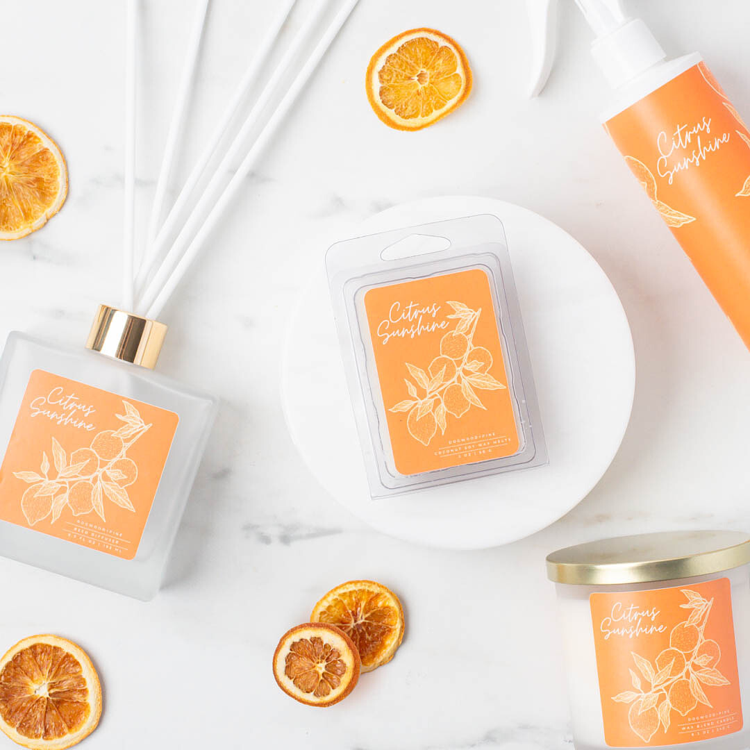 A flat lay of a reed diffuser, wax melts, room spray, and a candle made with CandleScience supplies