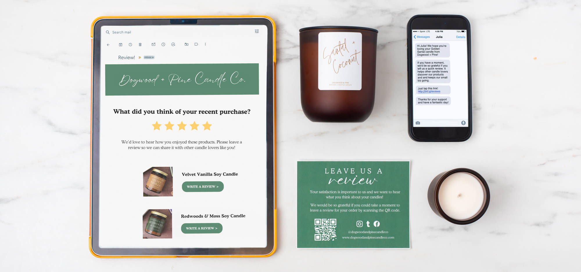 An iPad displaying an email review request, a cell phone with a text message requesting a review request on the screen, and a postcard with a review request.