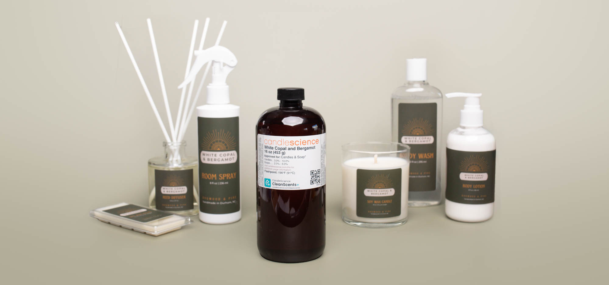 A bottle of CandleScience fragrance oil flanked by wax melts, a reed diffuser, room spray, a candle, body wash, and body lotion.
