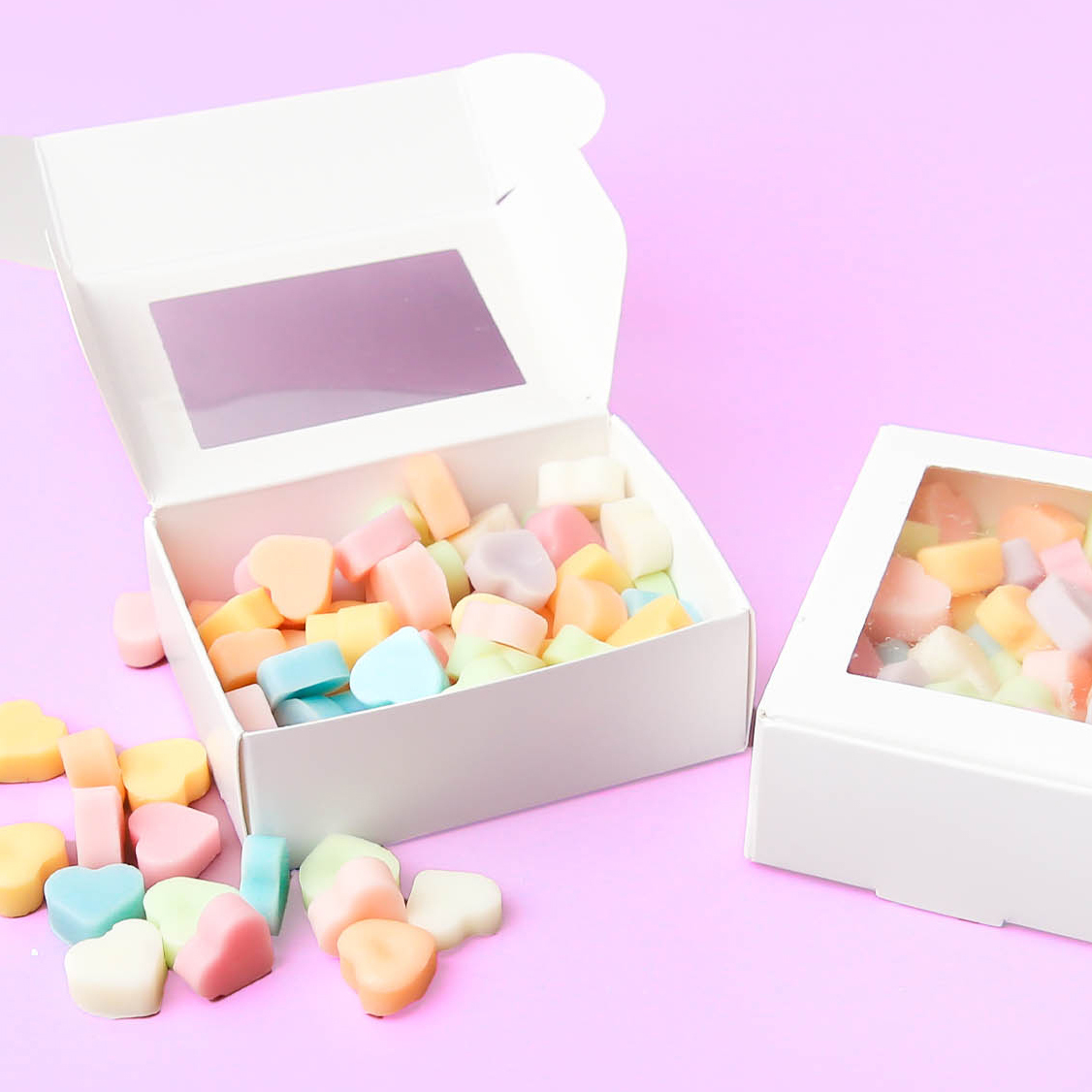 Candy heart wax melts in a white gift box