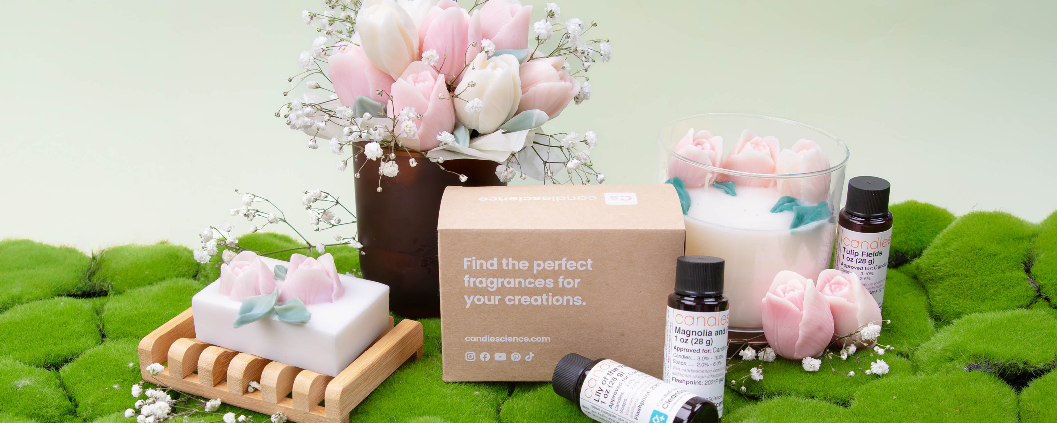 Floral candle, wax melts, and soap with the In Bloom floral fragrances flight.