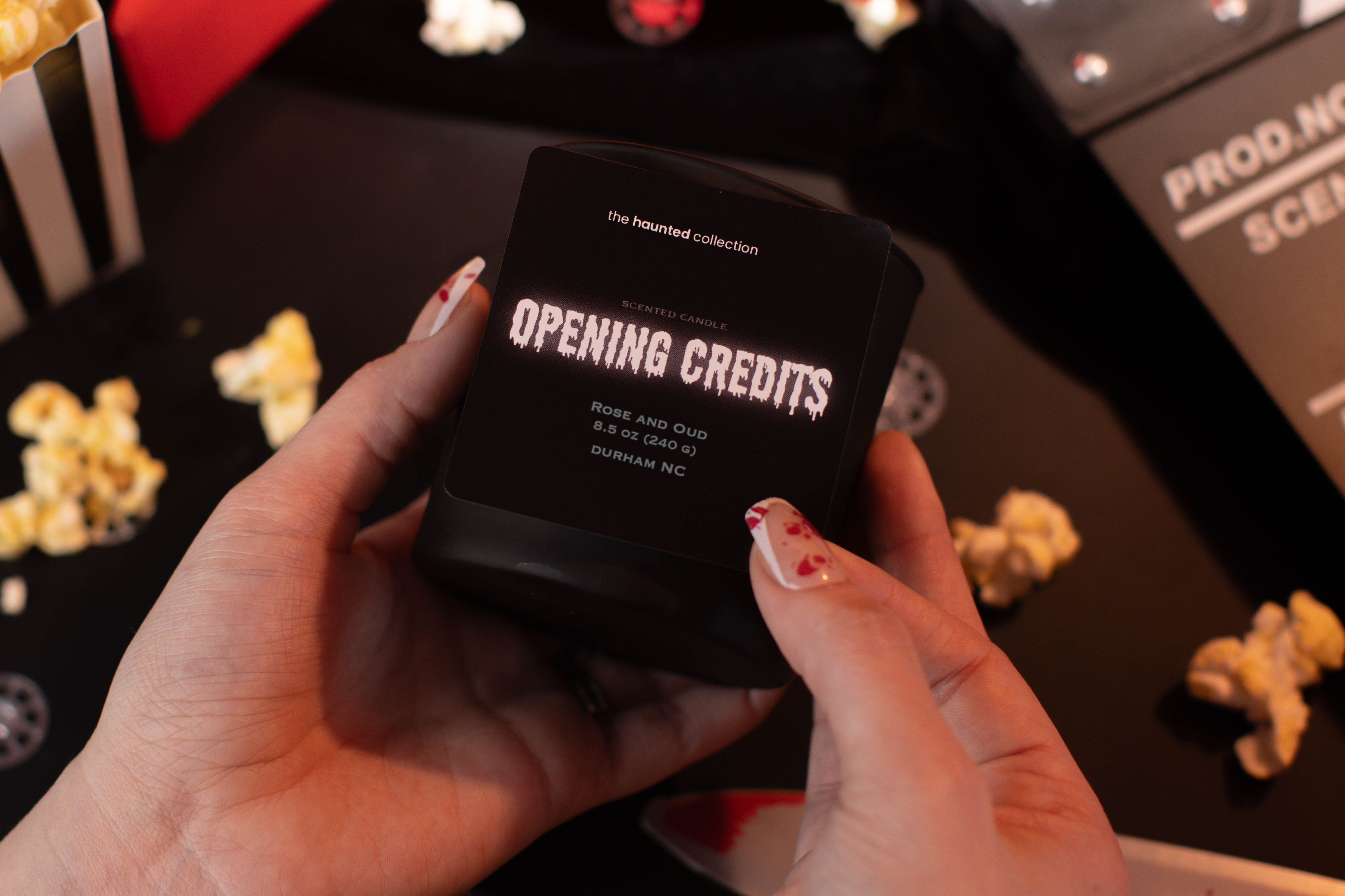 Opening Credits matte black candle.