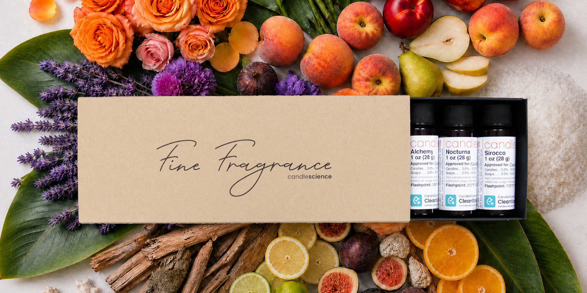 Fine Fragrance Sampler top down on top of fruits and botanicals.