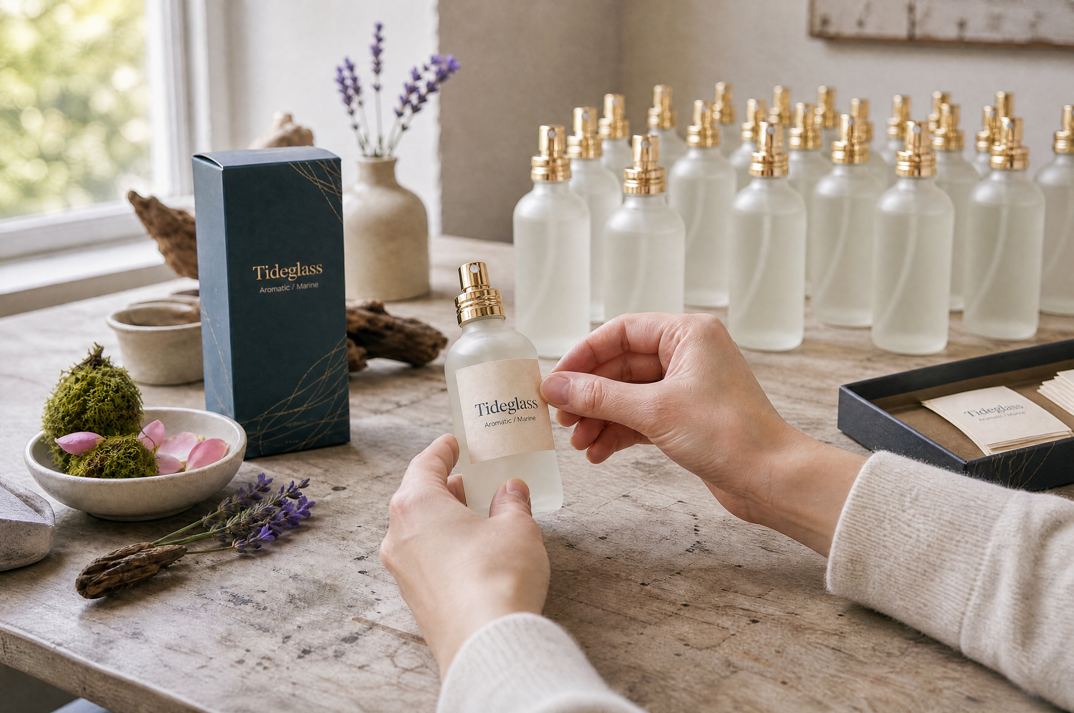 A hand applying a label onto a frosted perfume bottle with soft gold pump.