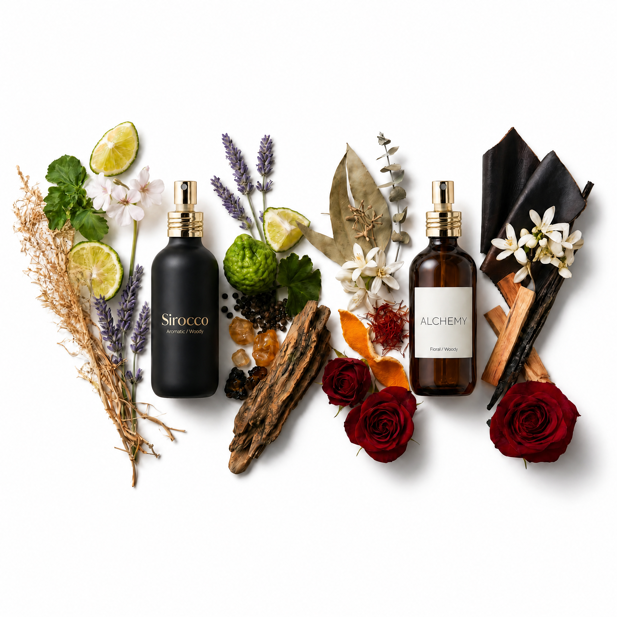 Fine fragrance notes of fruits and botanicals with perfume bottles.
