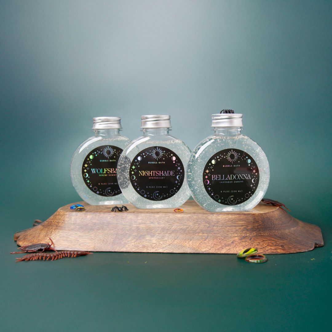 Halloween themed bubble bath bottles lined up.