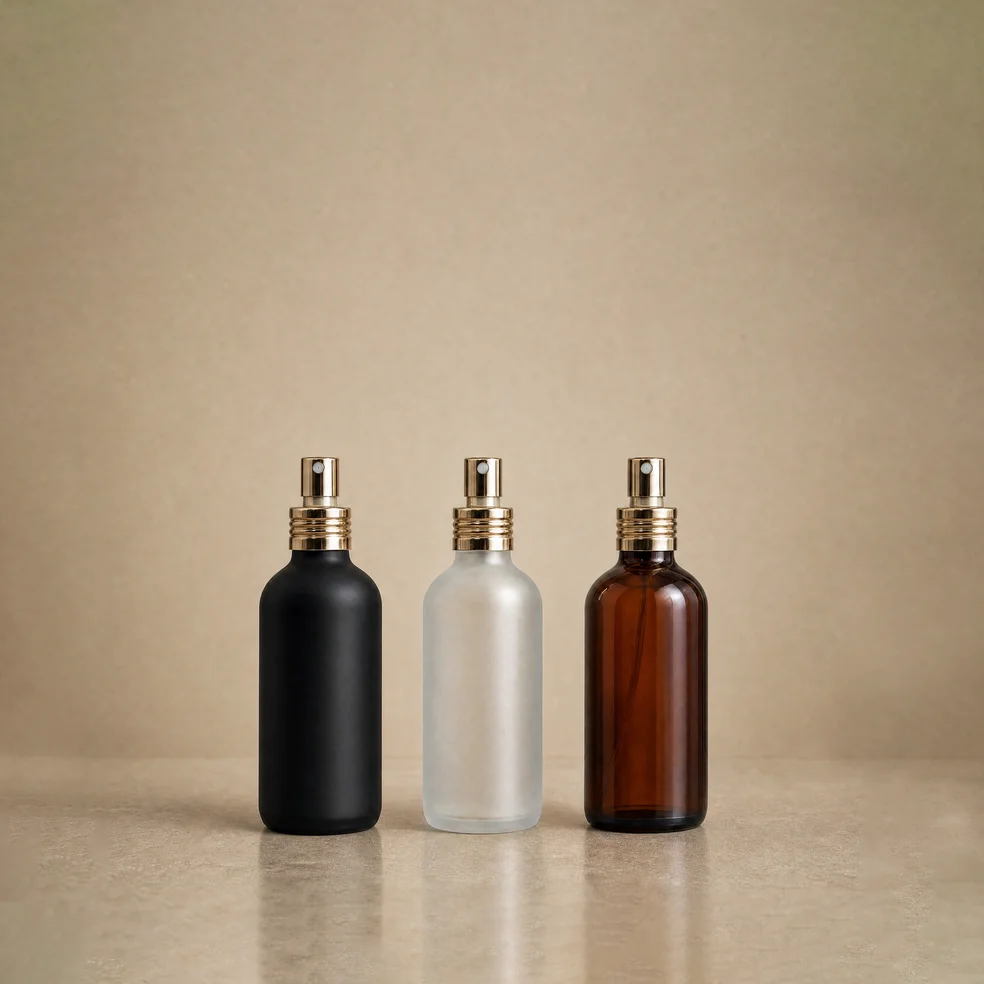 Matte black, frosted, and amber perfume bottles with a soft gold pump.