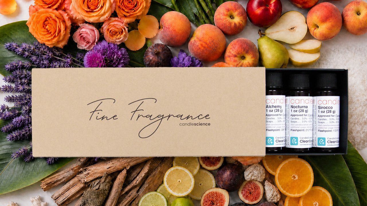 Fine Fragrance Sampler top down on top of fruits and botanicals.
