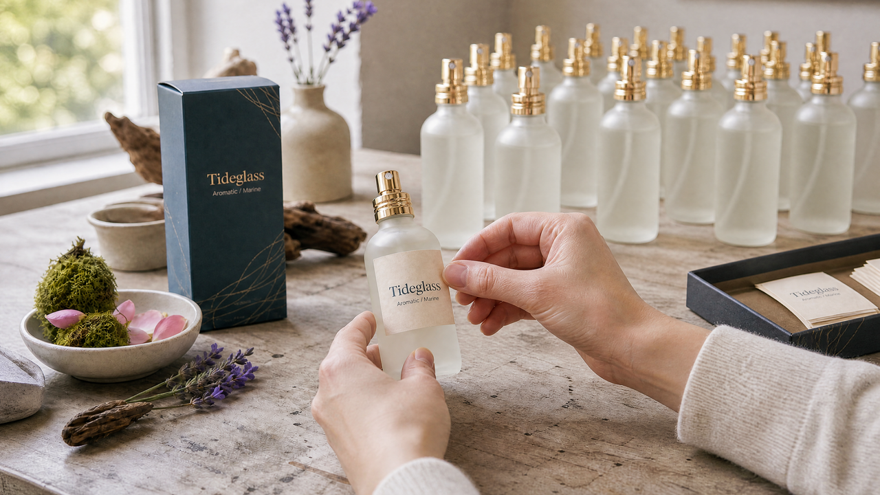 A hand applying a label onto a frosted perfume bottle with soft gold pump.