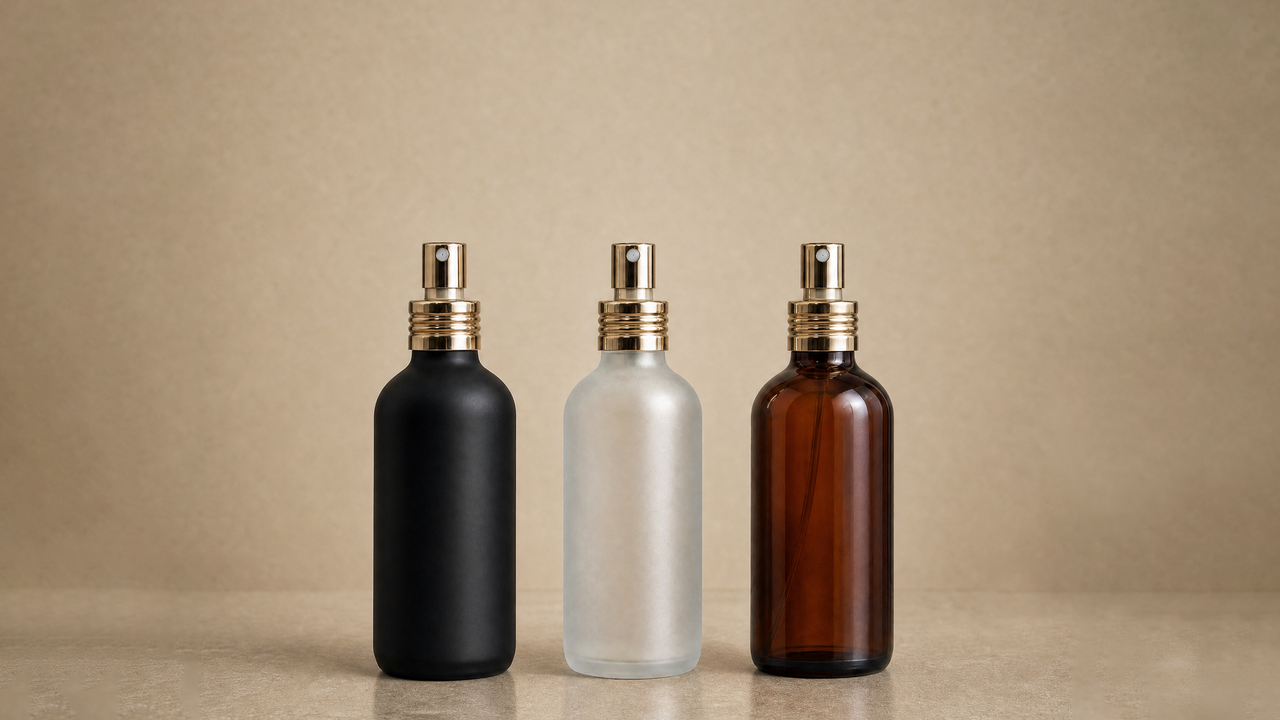 A matte black, frosted, and amber perfume bottle with soft gold pumps.
