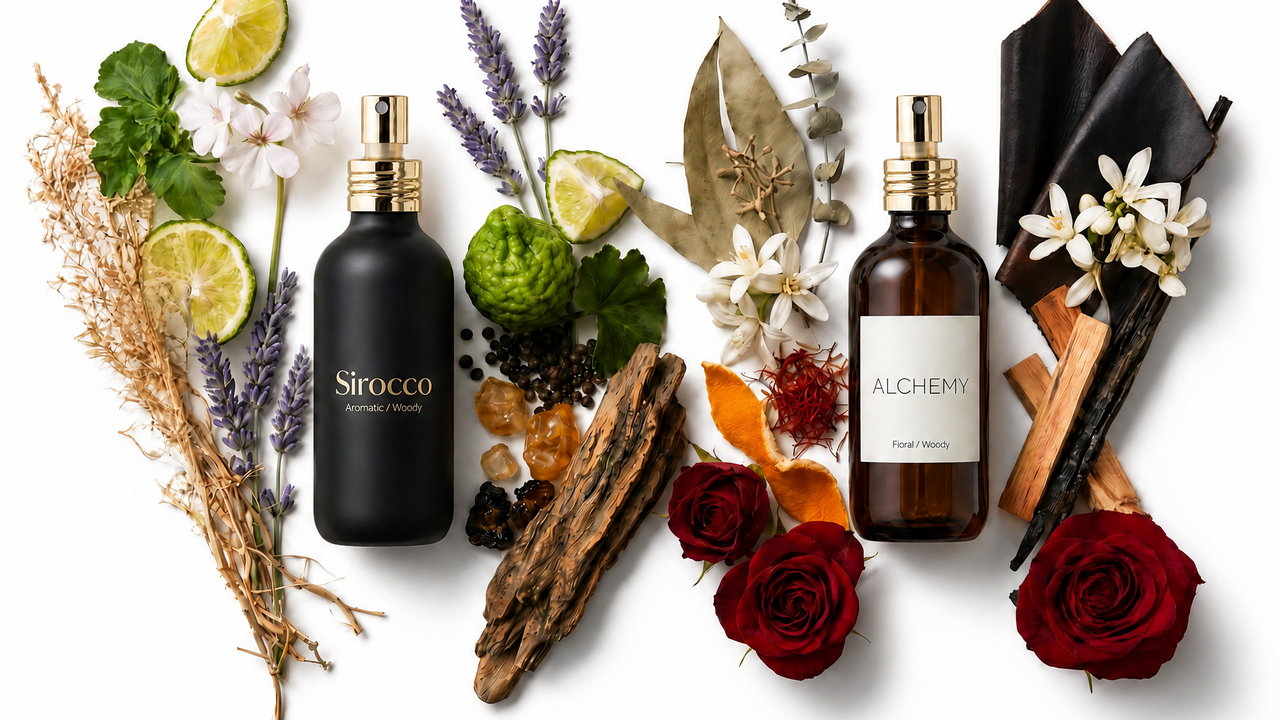 Fine fragrance notes of fruits and botanicals with perfume bottles.